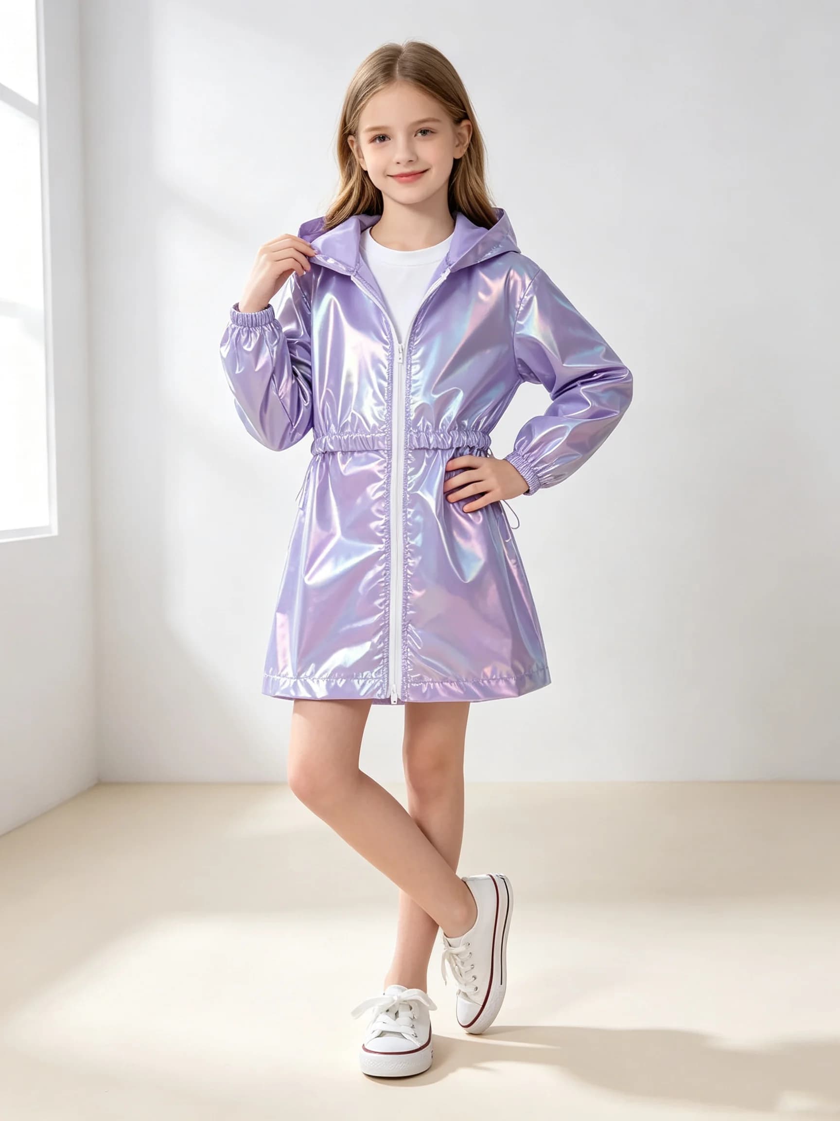 Girls Ultra-Thin Long-Sleeved Hooded Jacket Summer Fashion Shiny Zipper Sunscreen Children's Clothing