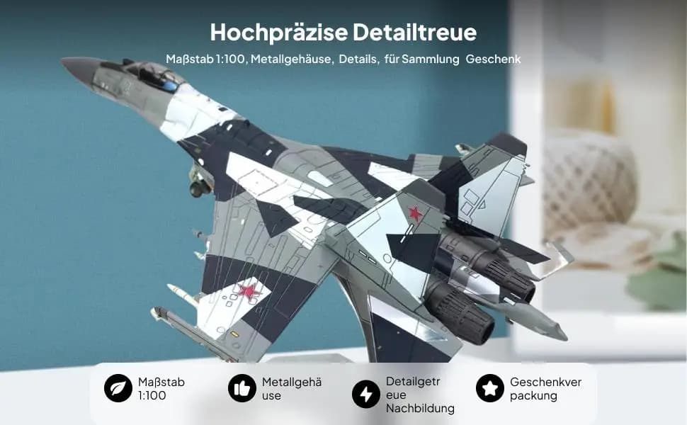 Modellino in Scala 1/100 SU-35 in Metallo Pressofuso con Supporto Espositivo, Design Elegante, Souvenir, 8.66x5.7 Pollici, Esposizione Statica