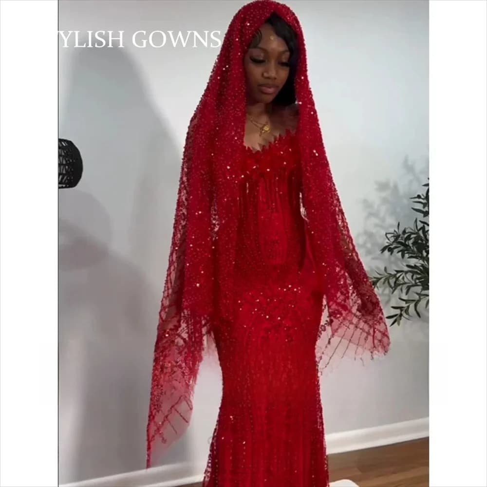 Sexy red dance dresses with veil 2026, African mermaid style with crystals and tassels, festive dresses for women, custom evening dresses