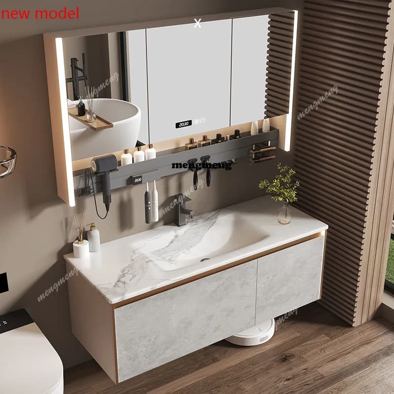 Mobile bagno intelligente H134 con lavabo integrato in pietra curvata a caldo, specchio smart e mobiletto contenitore
