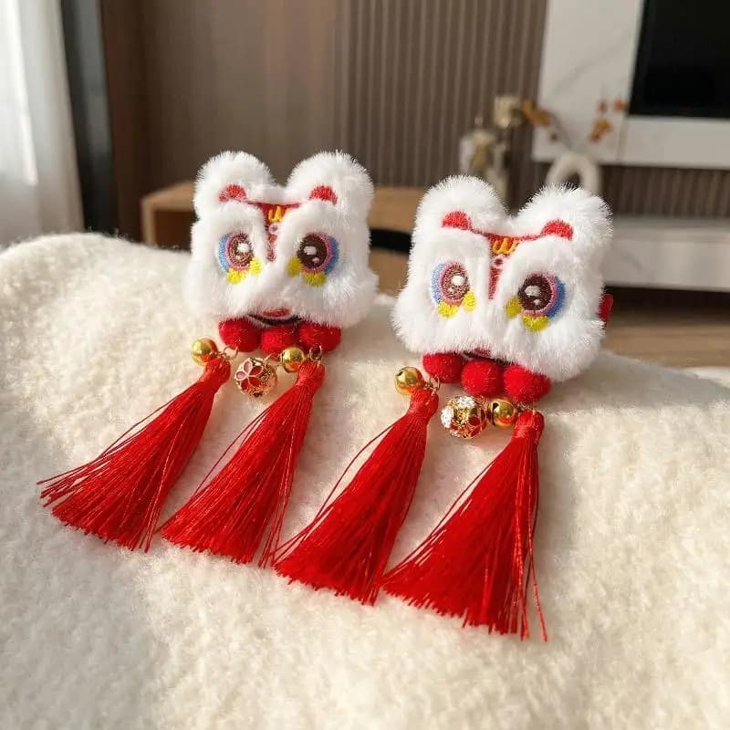 2/4/6 Pezzi Fermagli per Capelli in Stile Cinese con Design a Nappa e Animale in Peluche, Accessori per Capelli per il Capodanno, Regalo, Fermaglio a Becco d'Anatra con Tema Danza del Leone