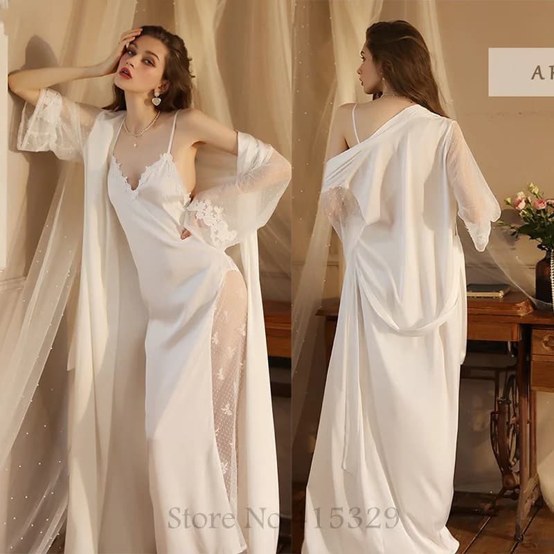 Women's Wedding Dress Sexy Lace Set Patchwork Night Shirt Kimono Long Swimwear with Short Sleeves