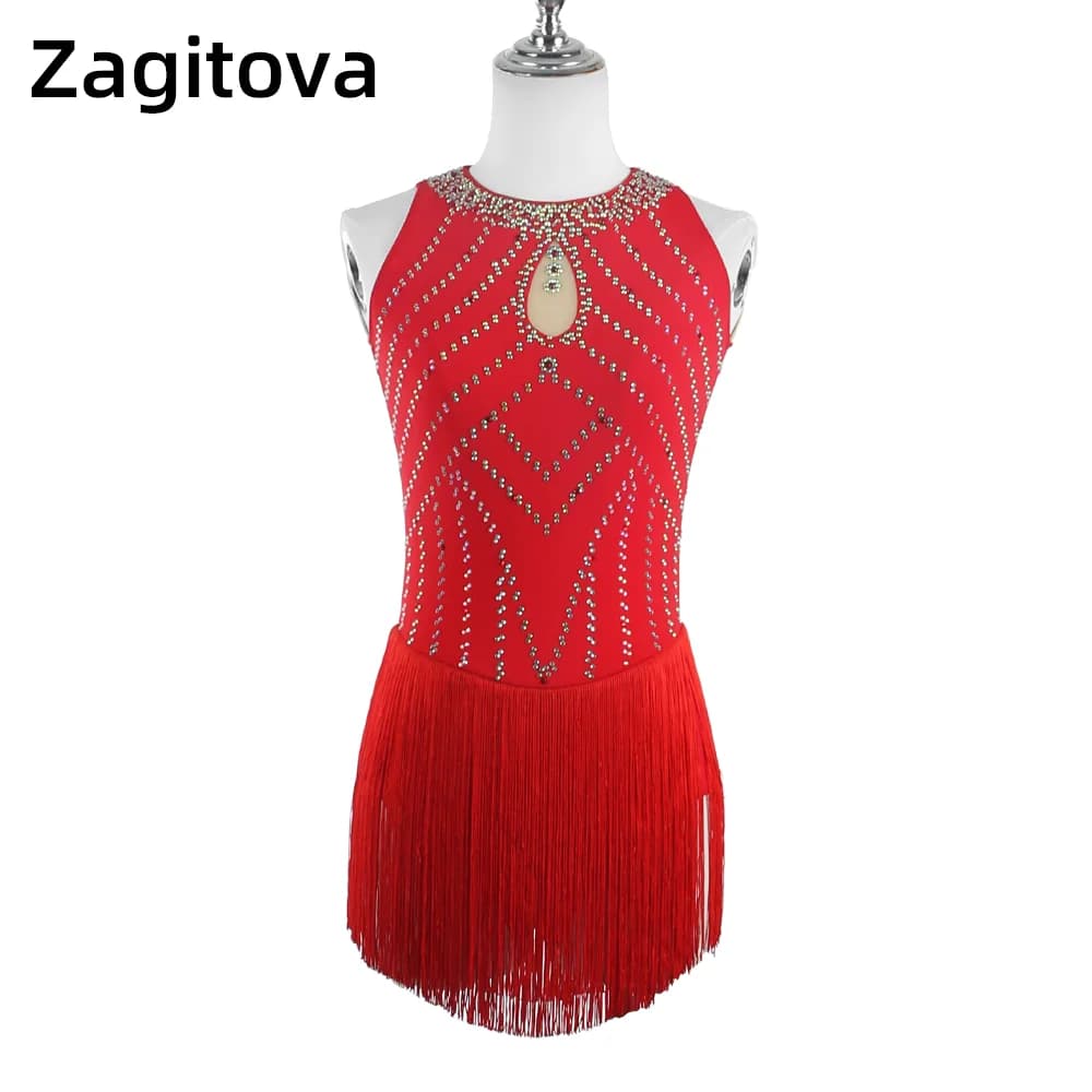 Abito da Pattinaggio Artistico Zagitova per Donne e Ragazze, Gonna per Pattinaggio su Ghiaccio, Costume Senza Maniche con Frange per Competizioni e Pole Dance