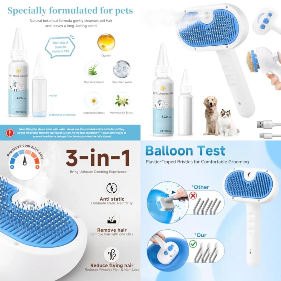 Spazzola a Vapore per Cani e Gatti - Spazzola 3-in-1 per Toelettatura e Rimozione Peli - Pettine Spray Autopulente con Misuratore