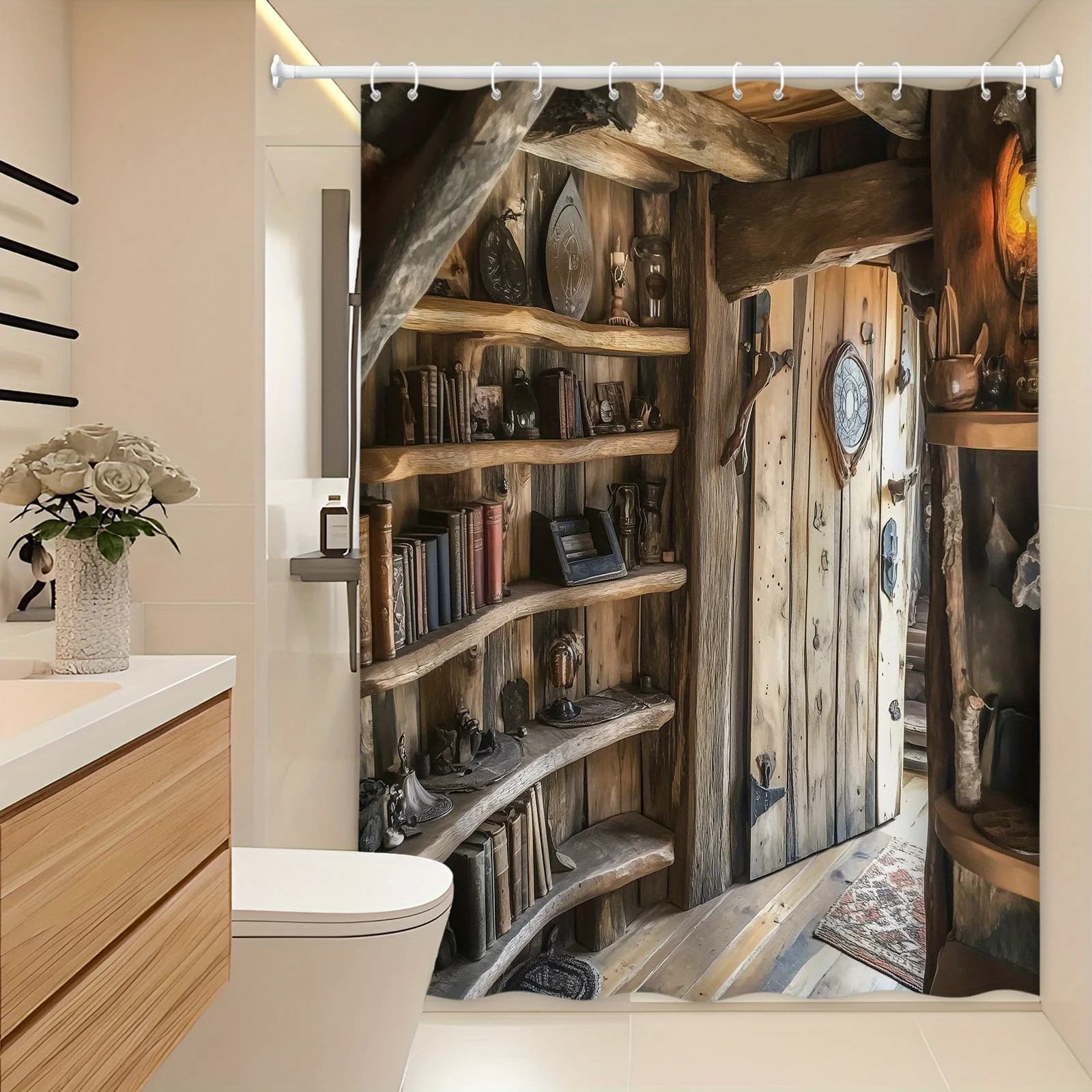 Tenda da doccia rustica per biblioteca in legno - Design medievale accogliente, libri in ecopelle e manufatti antichi, calda arredamento terroso, poliestere