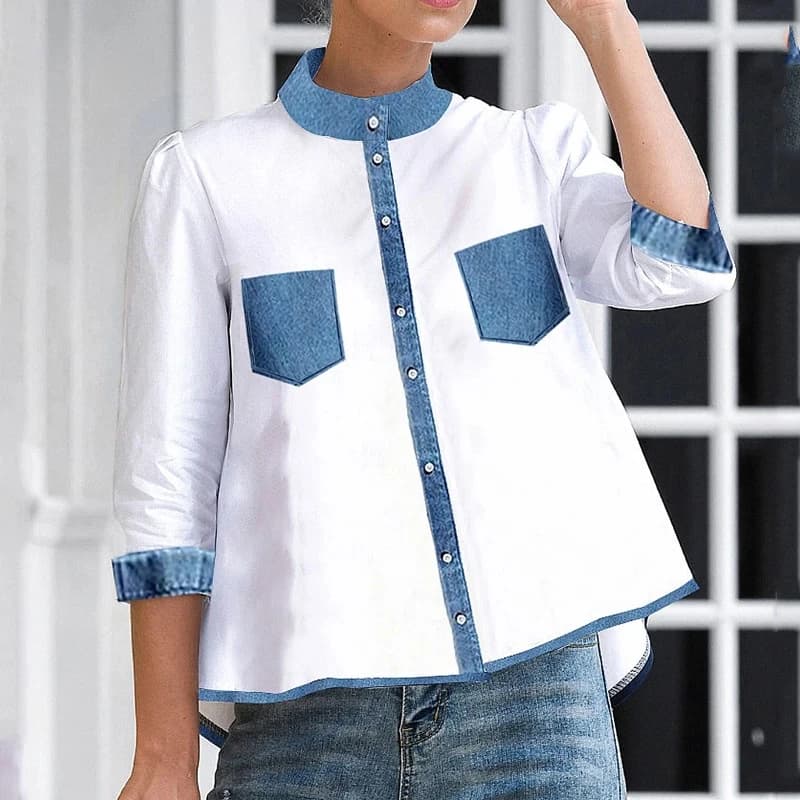 2026 Women White Denim Patchwork Blouse Mock Neck Three Quarter Sleeve Fake Pockets High Low Hem Buttoned Casual Shirt Top