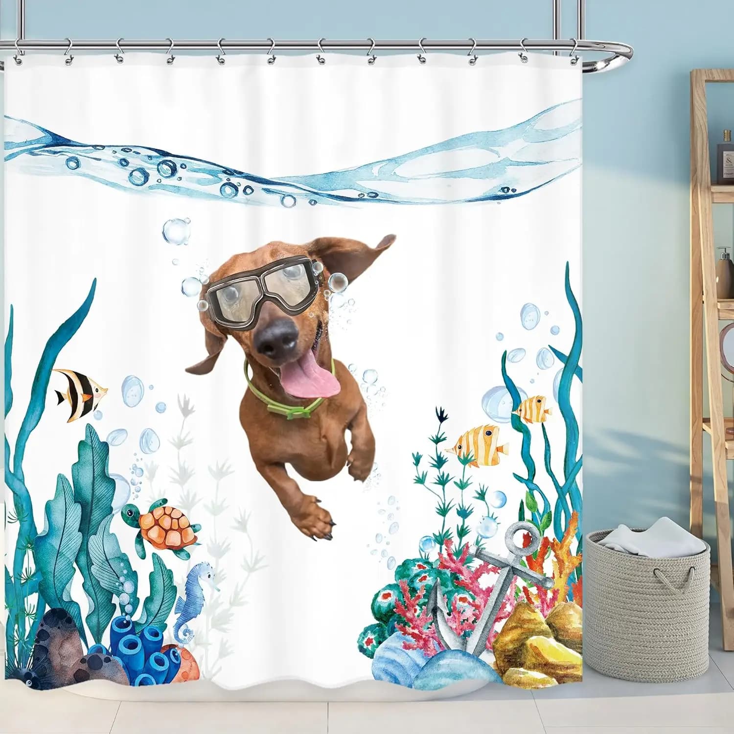 Tenda da doccia per cani bassotto per bambini – Tema oceano nautico con pesci, tartarughe, corallo e ancora, graziosa decorazione in tessuto blu,