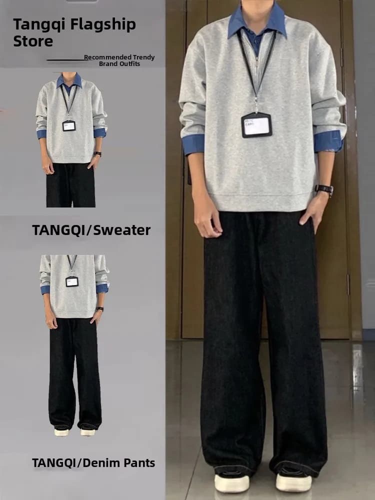 Completo coordinato da ragazzo stile americano, finto due pezzi, con felpa pesante con cerniera e giacca con colletto patchwork