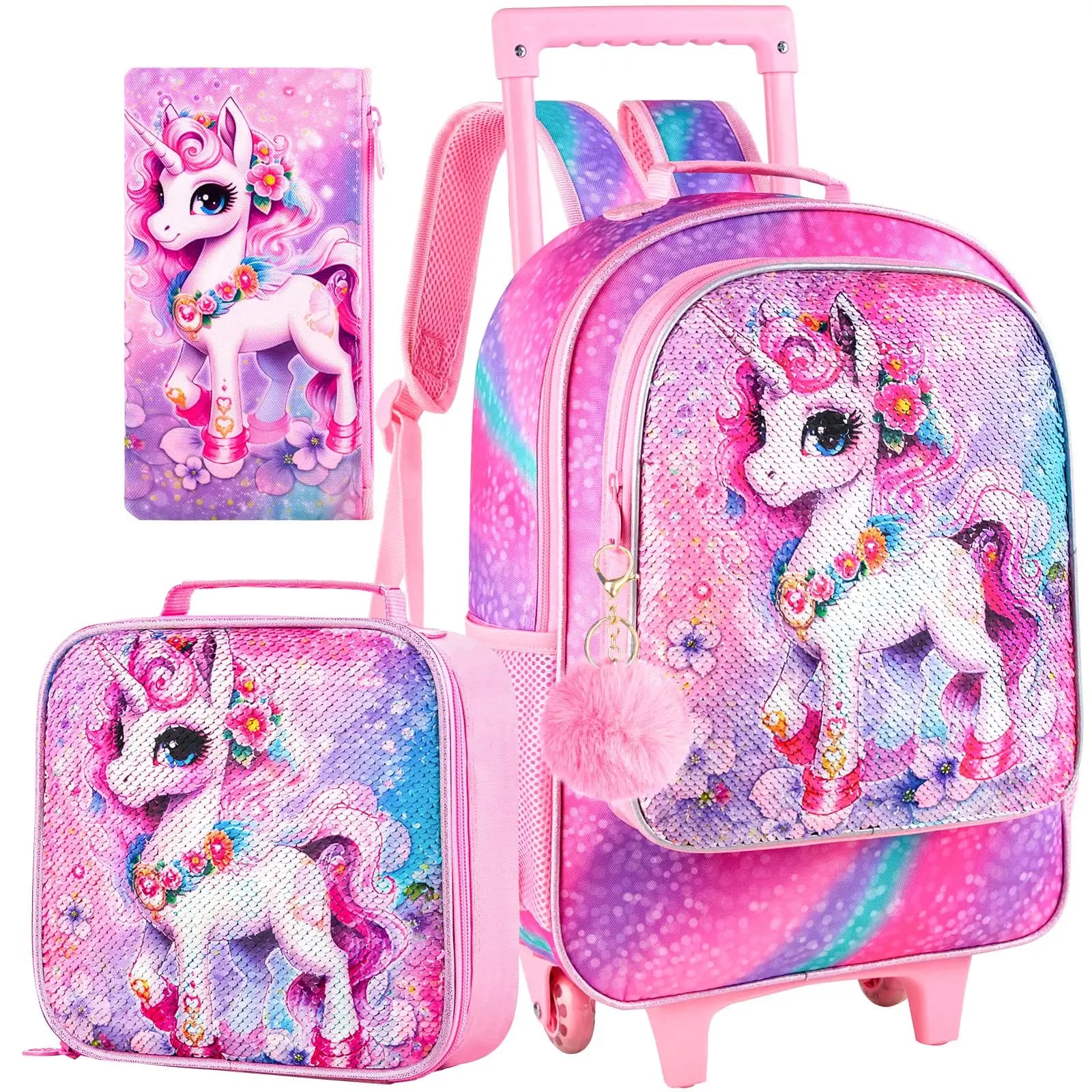 Set di 3 Zaini con Ruote a Tema Unicorno per Bambini, Borsa Scuola con Paillettes e Set con Borsa Pranzo e Astuccio