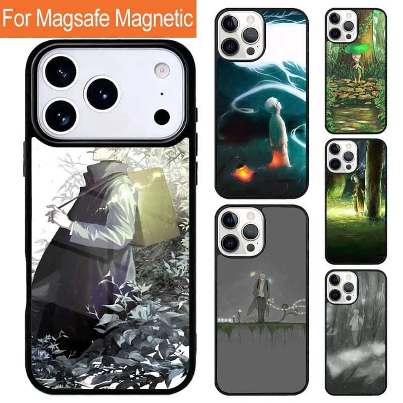 Custodia Magnetica Wireless per iPhone 17 Pro 16 15 13 12 11 Pro Max Air 14 Plus con MagSafe, Tema Anime Giapponese Mushishi