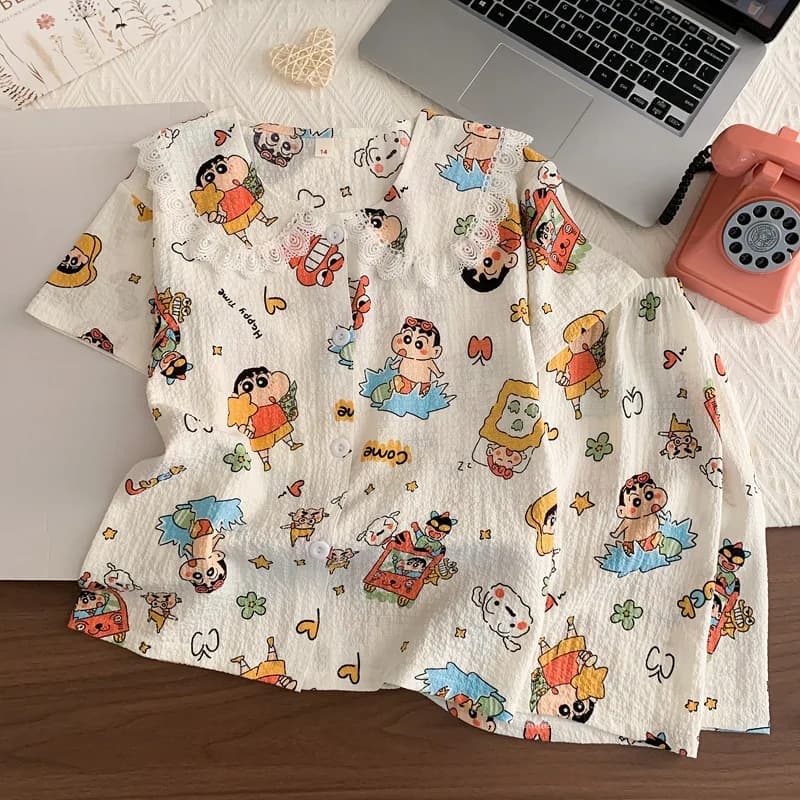 Pigiama Estivo per Bambini Anime Crayon Shin-Chan, Set Coreano con Cardigan Sottile, Maniche Corte e Pantaloncini, Abbigliamento da Notte Carino per Ragazze e Ragazzi