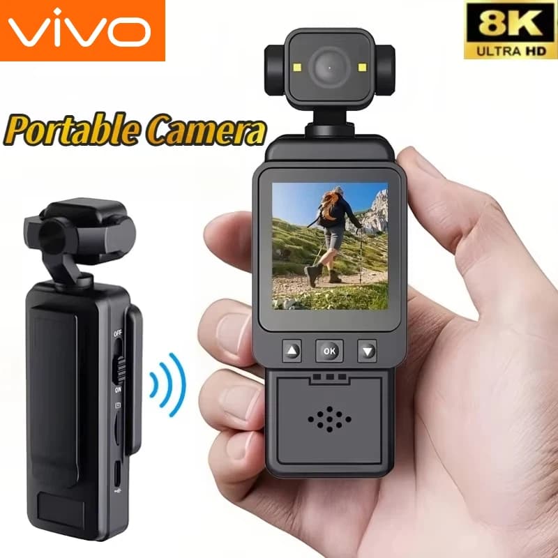 Videocamera Sportiva Portatile VIVO 8K HD 180 ° Mini Telecamera Portatile Rotante Anti-shake con Display, WiFi, Indossabile e Visione Notturna