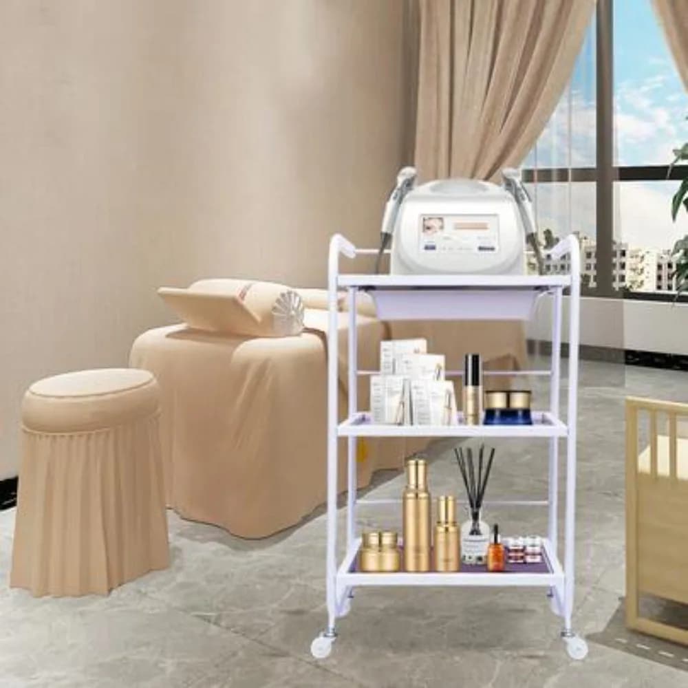 White Rolling Utility Cart with 3 Shelves and 1 Drawer for Storage Organizer, Sturdy Metal Trolley on Wheels for Spa Nail Salon Hairdresser Home Office Kitchen, Mobile Craft Station with Easy Clean Surface