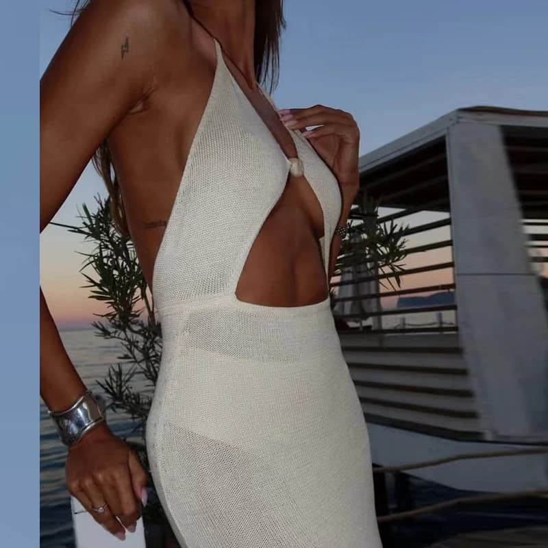 Women's Sexy Knit Dress with Low Cut and American Neck, Sleeveless, With Side Split, Beach Swimwear, Backless, Women's Waist Cover