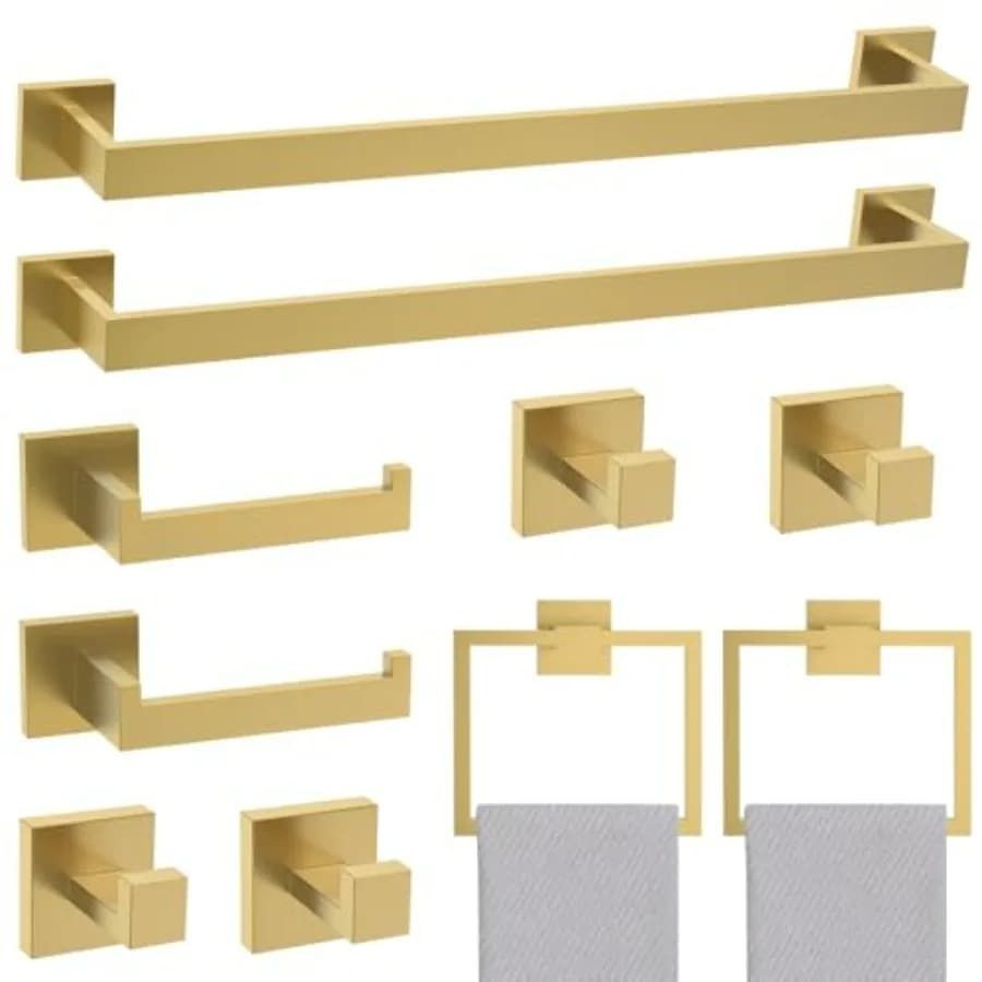Bathroom wall-mounted brushed gold 10-piece hardware set, SUS304 stainless steel, 23.6-inch towel bar and holder, corrosion-res