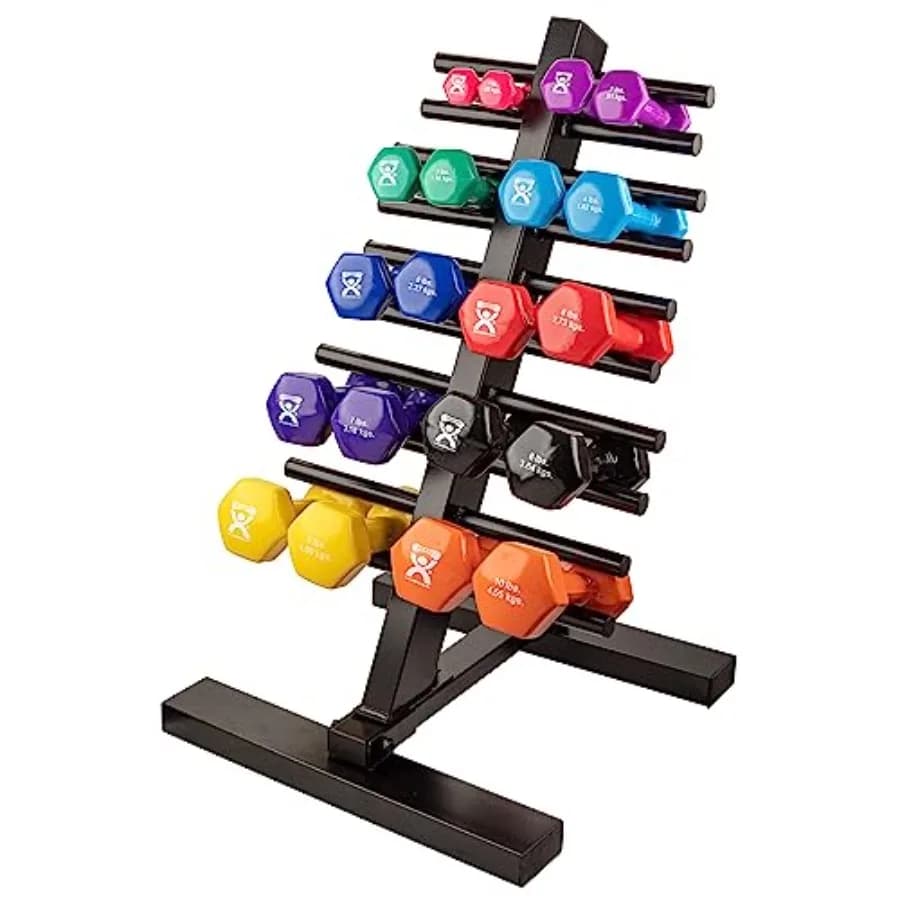 Vinyl Coated Dumbbells 5 Pairs 1lb10lb,Color-Coded, Anti-Roll, Floor Storage Rack Included, for Home Gym Muscle Training and Wo