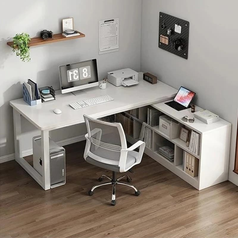 White L-Shaped Office Desk Chair Set With Storage Cabinet Modern Home Corner Writing Gaming Computer Desk With Chair Furniture
