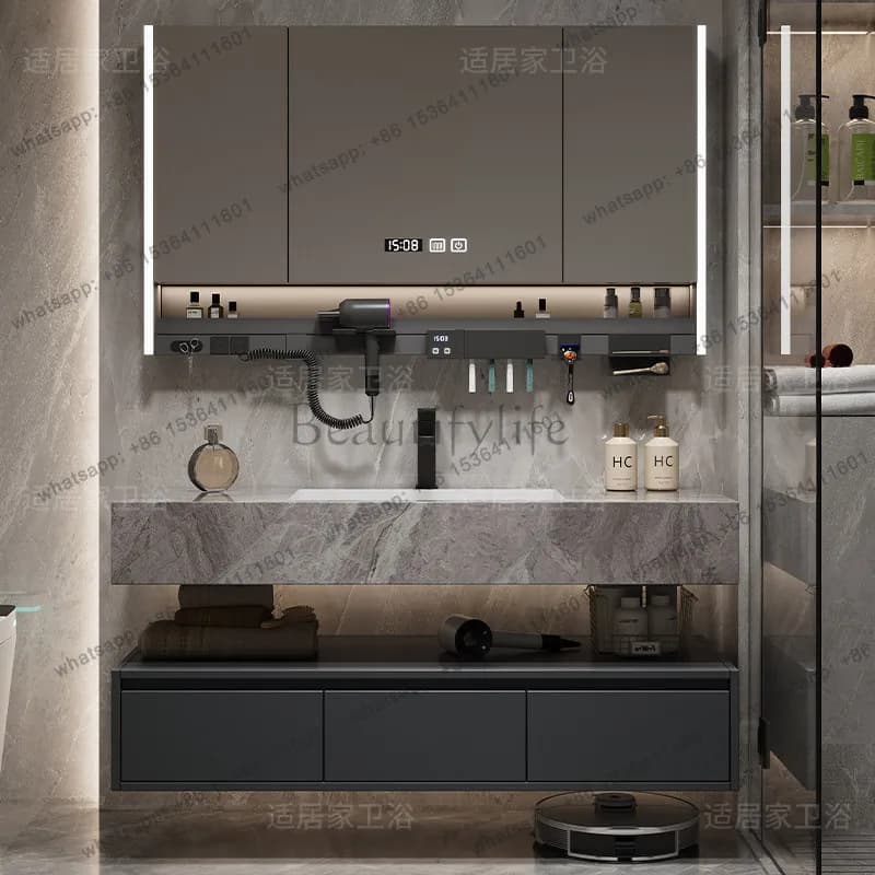 Mobile bagno moderno con lavabo integrato in pietra sinterizzata grigia e specchio intelligente con LED per l'arredamento del bagno di casa