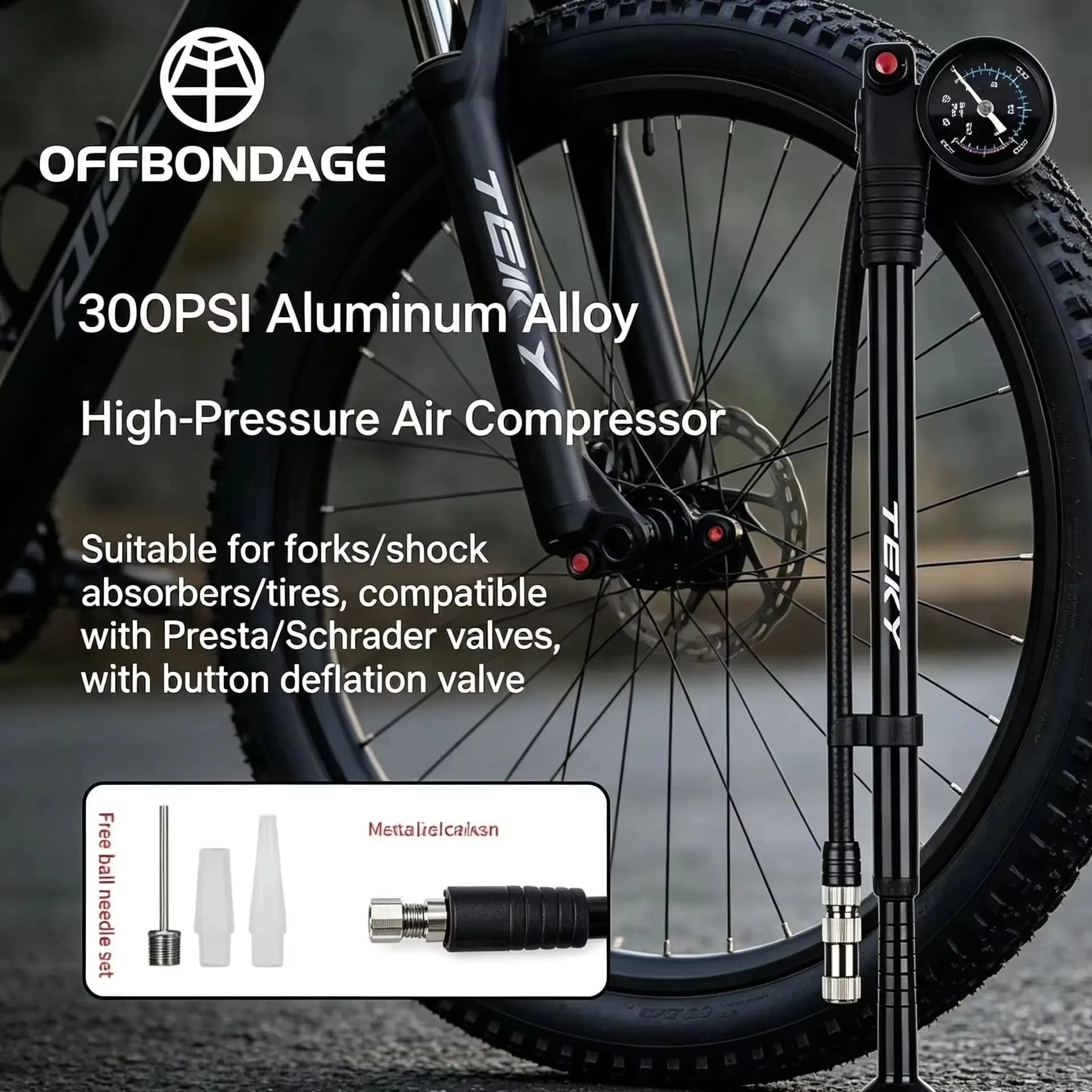 OFFBONDAGE Portable Bicycle Pump 300PSI Bike Air Pump Portable Tire Inflator MTB Road Bike Pump with Gauge Schrader Presta Valve
