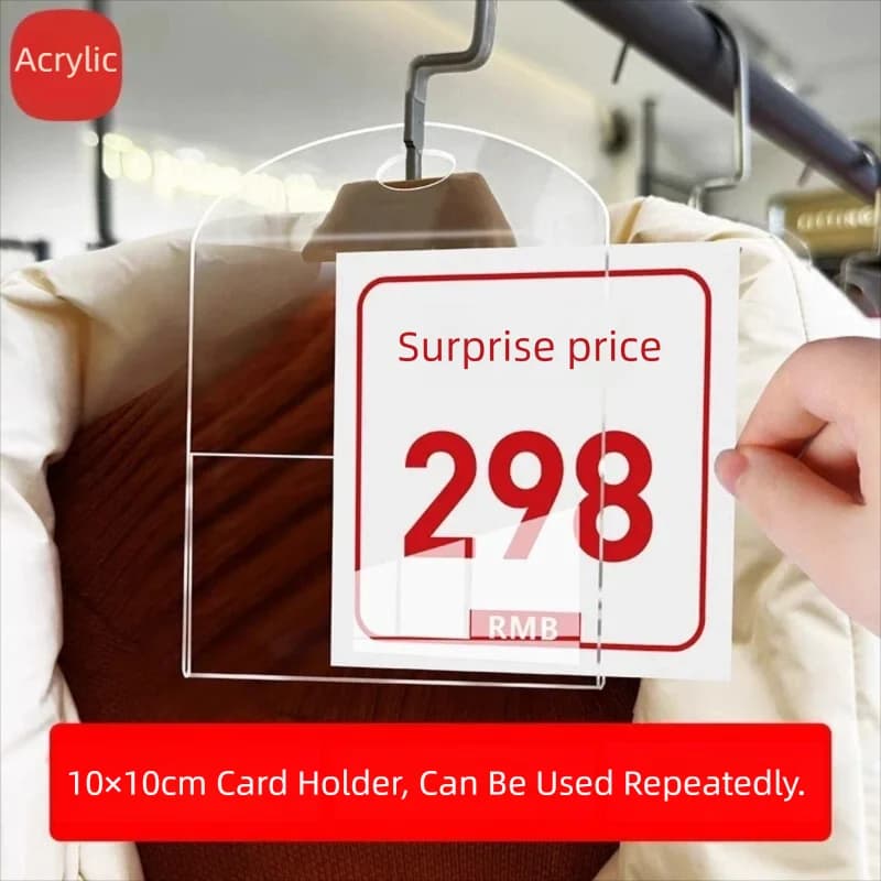 10pcs Transparent Acrylic Price Tag Holder Clothing Store Price Display Board 10×10cm Card Holder Hanging Price Label Flip Chart