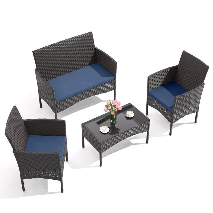 Set di mobili da giardino da 4 pezzi, sedie e divano in vimini e rattan con cuscini e tavolino in vetro, set da conversazione per esterni