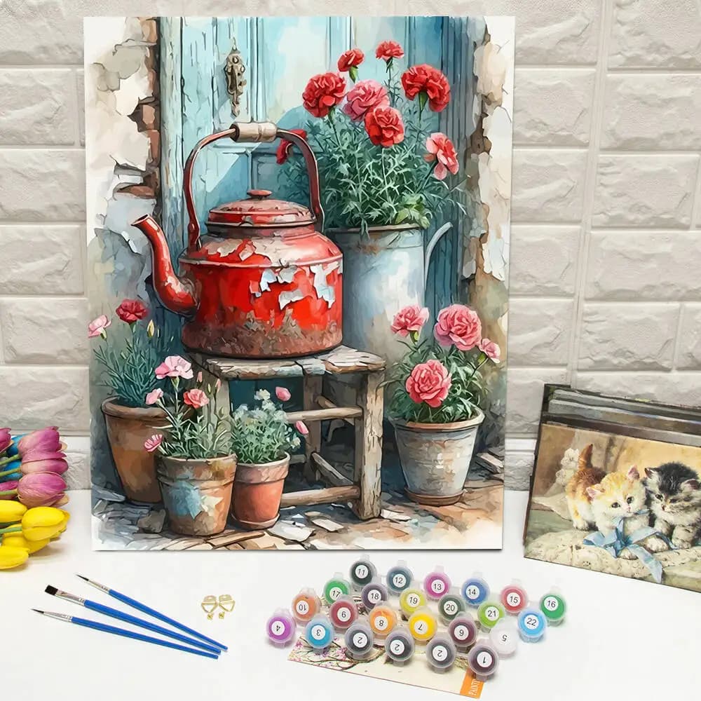 DIY Digital Oil Painting Kettle Flower Painting By Numbers Door Art And Crafts Drawing On Canvas Kit For Adults Handpainted Gift