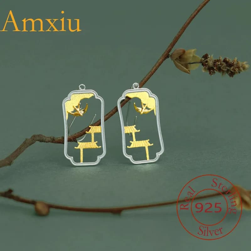 Amxiu 925 Sterling Silver Earrings Stylish Cable New Earrings With Tempering Chinese Garden Pavilion