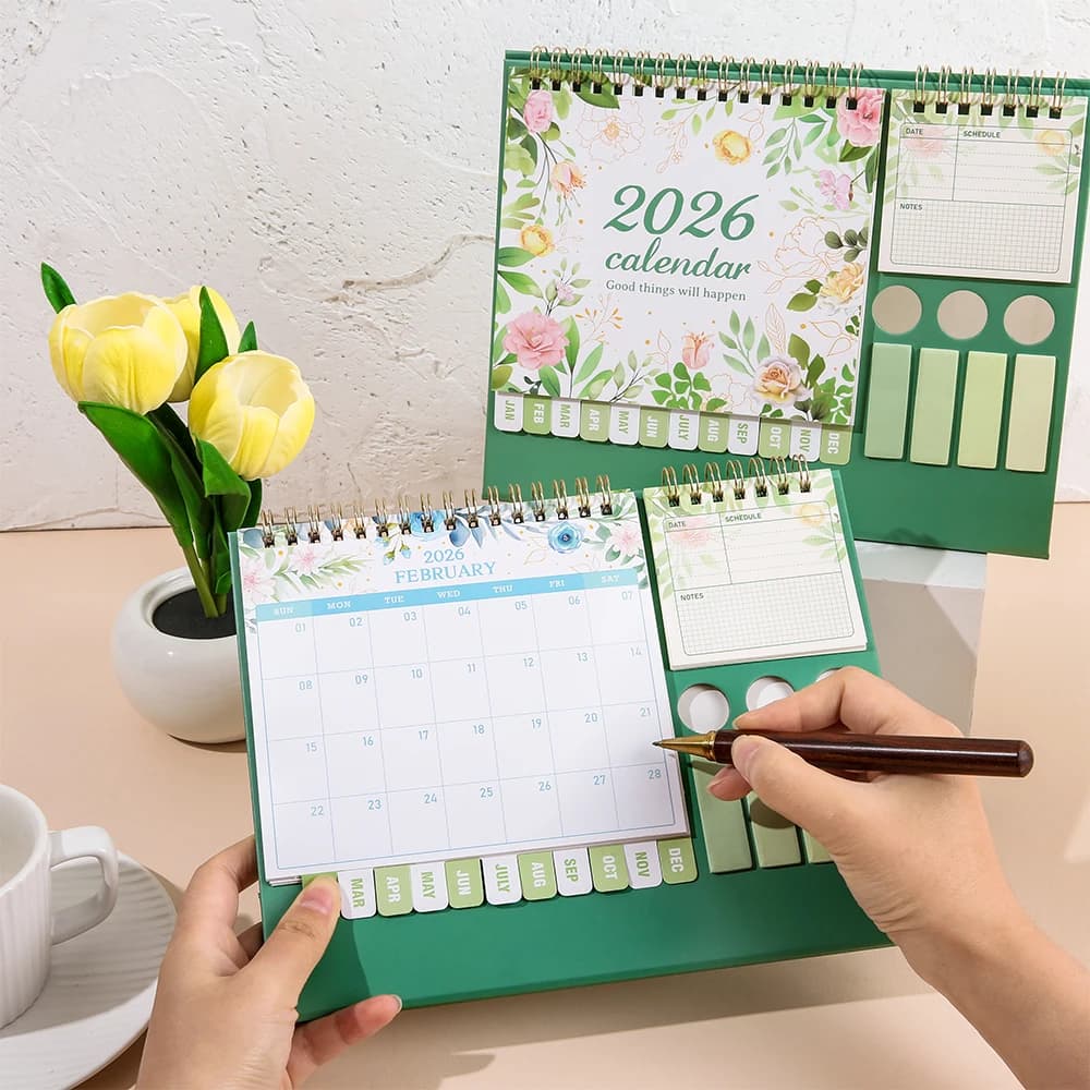 Calendario da tavolo 2026 Organizzatore multifunzionale con etichette adesive Portapenne Pianificatore di pianificazione mensile per la scuola dell'home office