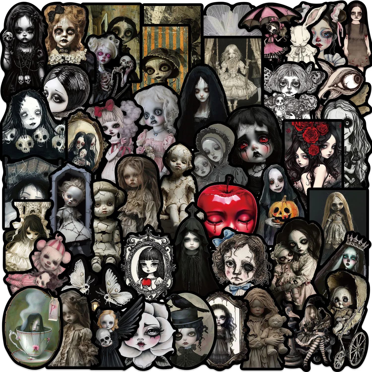50 Pezzi Adesivi Decorativi Horror Dolls per Telefoni, Tazze, Chitarre, Decalcomanie Creative Impermeabili
