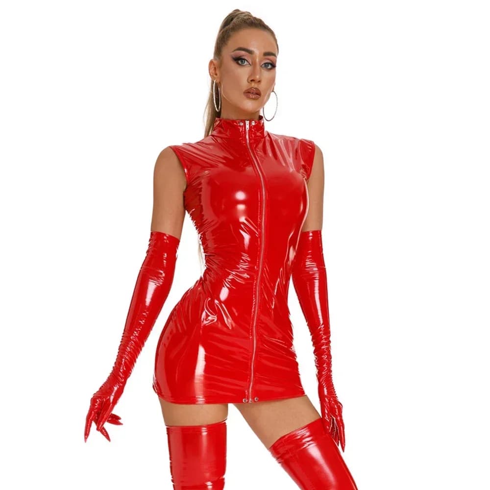 Abito Aderente Senza Maniche in Pelle PVC per Donna, Costume in Latex, Mini Abito Esotico con Guanti e Calzini