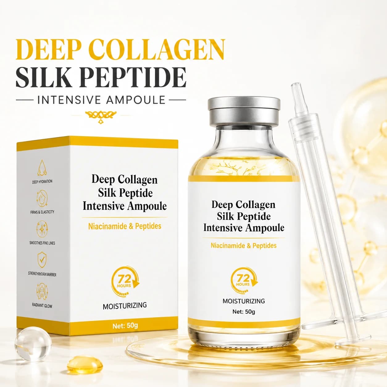 Glow Intensive Silk Peptide Ampoule for Face with Collagen & Multi Peptides Deep Hydrating Moisturizing Facial Essence Skin Care