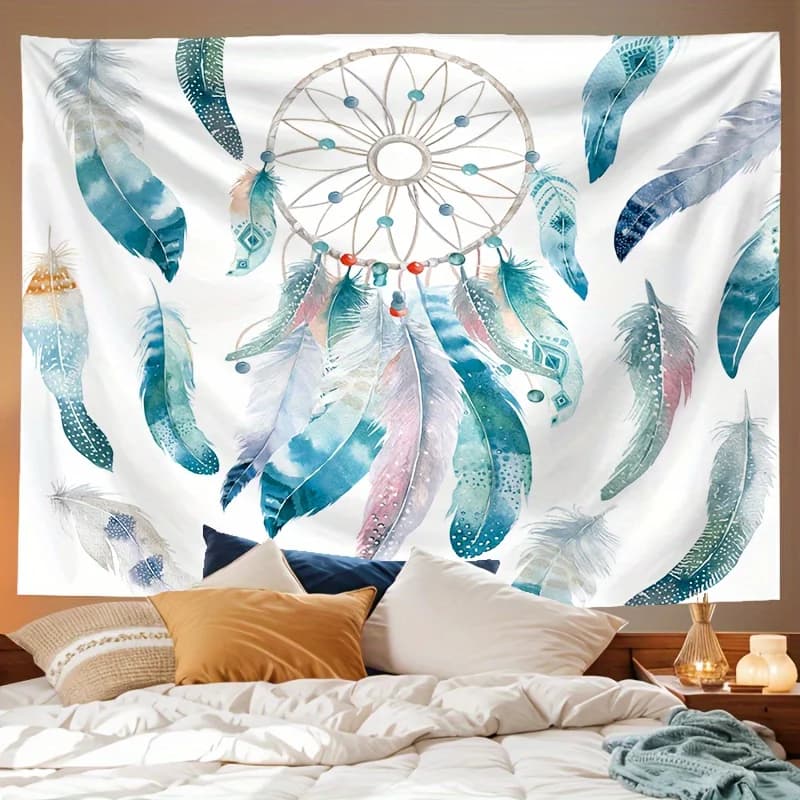 Minimal Dream Catcher Landscape Tapestry, Watercolor Tribal Feather Boho Art Wall Cloth, Calming Backdrop For Home Bedroom