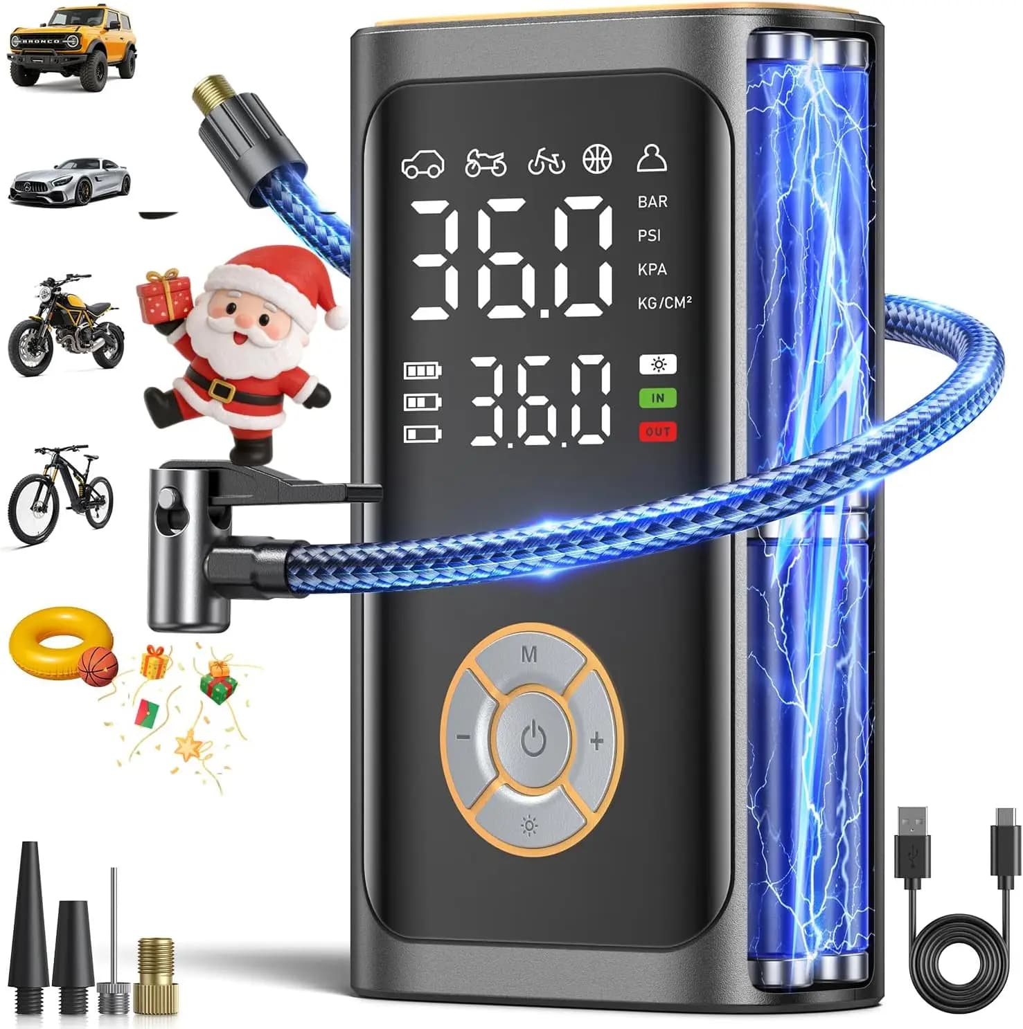 Wireless tyre inflatable with 150PSI portable air compressor with LED digital indicator for motorcycle bike ball for car