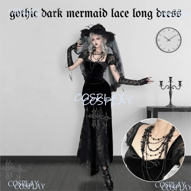 Women 2026 New Gothic Dark Mermaid Silhouette Lace Maxi Dress Halloween Slim Bodycon Long Gown For Cosplay Costume Theme Party