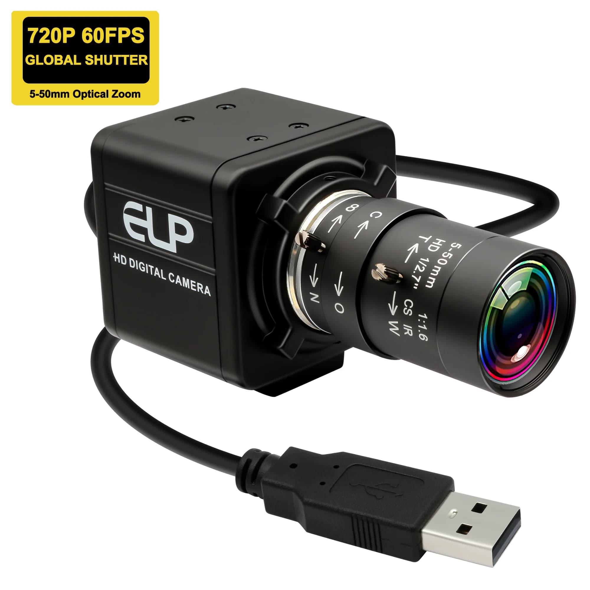 ELP HD Global Shutter Webcam AR0144 1280x720P 60fps Fast Frame USB Camera 10X Optical Zoom for LightBurn, 3D Printer, PC, Mac