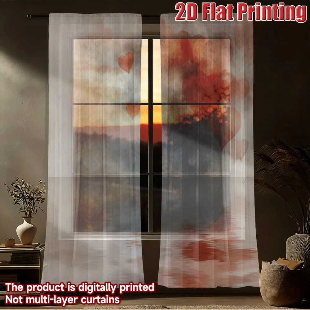 2pcs Sheer Curtains Mountain Landscape With Hearts Rod Pocket Window Drapes, Filtering Panels for Bedroom Living Room