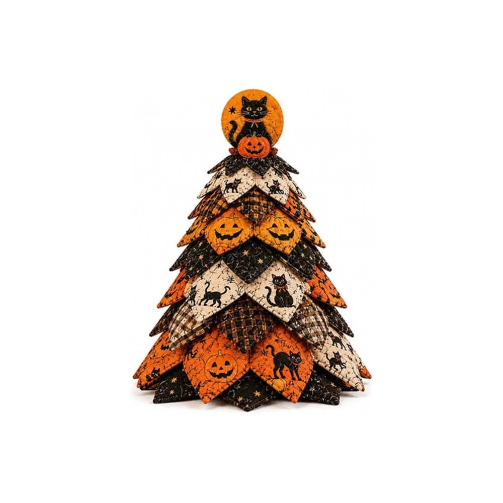Vintage Halloween Quilted Fabric Tree Kit Black Cat Spider Pumpkin Ghost Quilted Christmas Tree Kit Tree Ornament 3D Thick