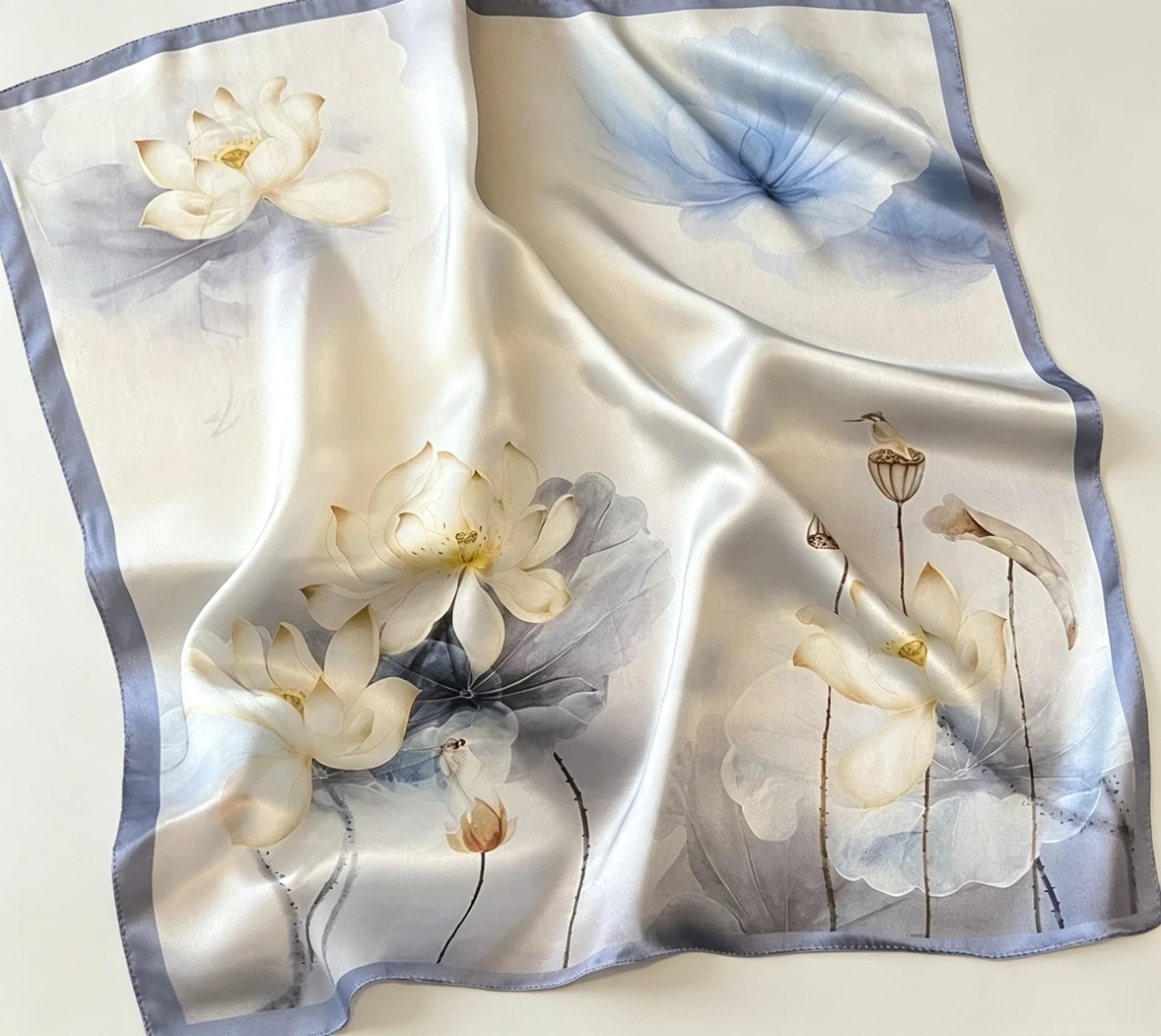 Chinese Ink White Lotus Print Satin Square Scarf Women Elegant Neck Kerchief