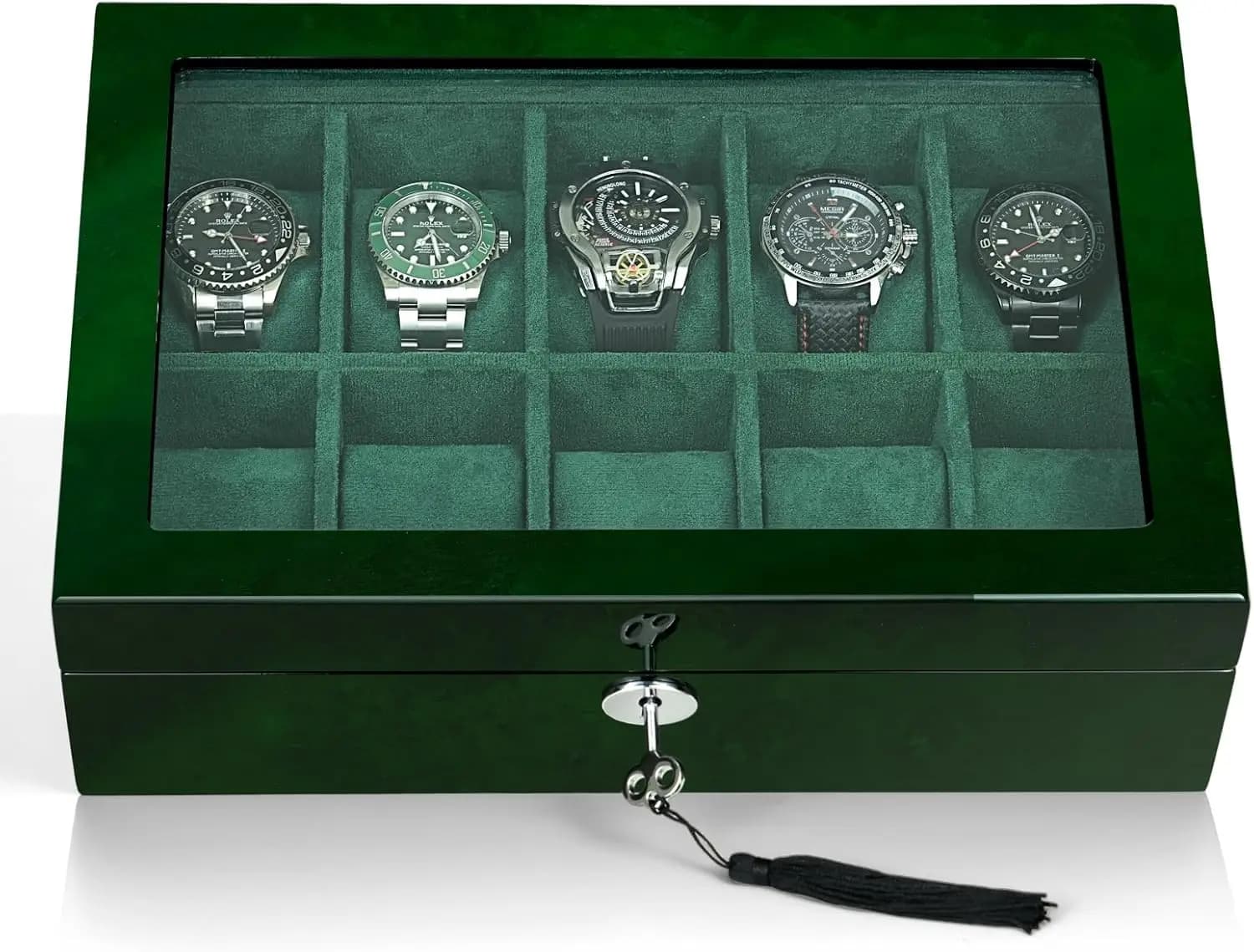 Scatola Porta Orologi in Legno per 10 Orologi, Organizzatore con Finestra in Vetro e Interno in Camoscio, Regalo per Uomini e Donne