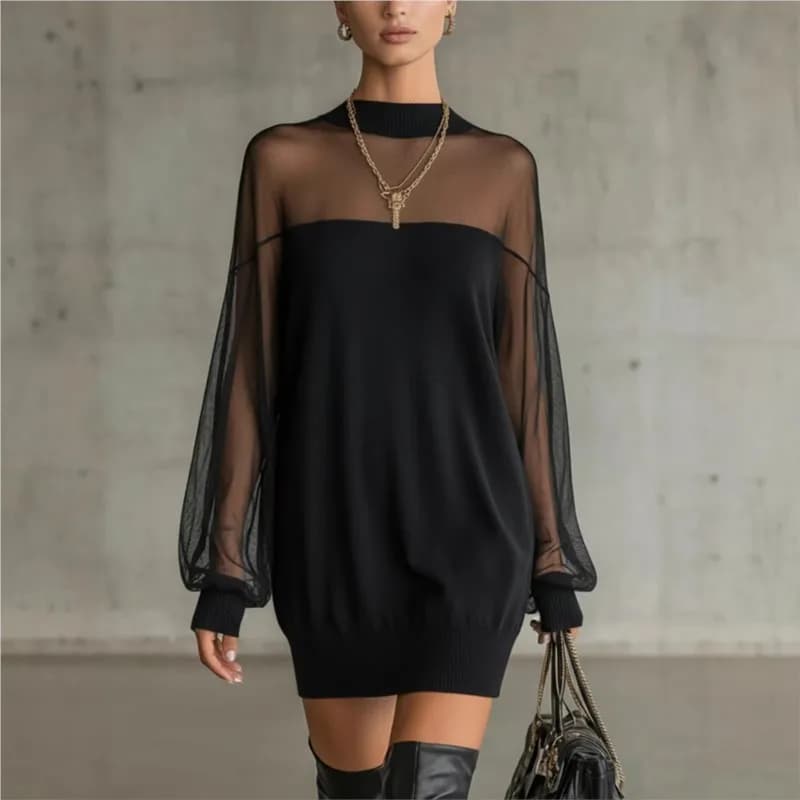 Fashionable black dress with lace and patchwork, O neckline, long sleeves, pullover, party dress, chic dress, new.