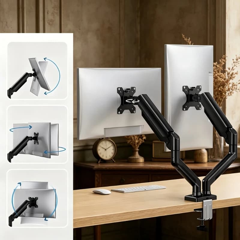 Supporto ergonomico per doppio schermo, staffa per monitor a doppio braccio nera, 13-32 pollici, 90 ° Inclinazione, 360° ° Rotazione per l'uso domestico e in ufficio