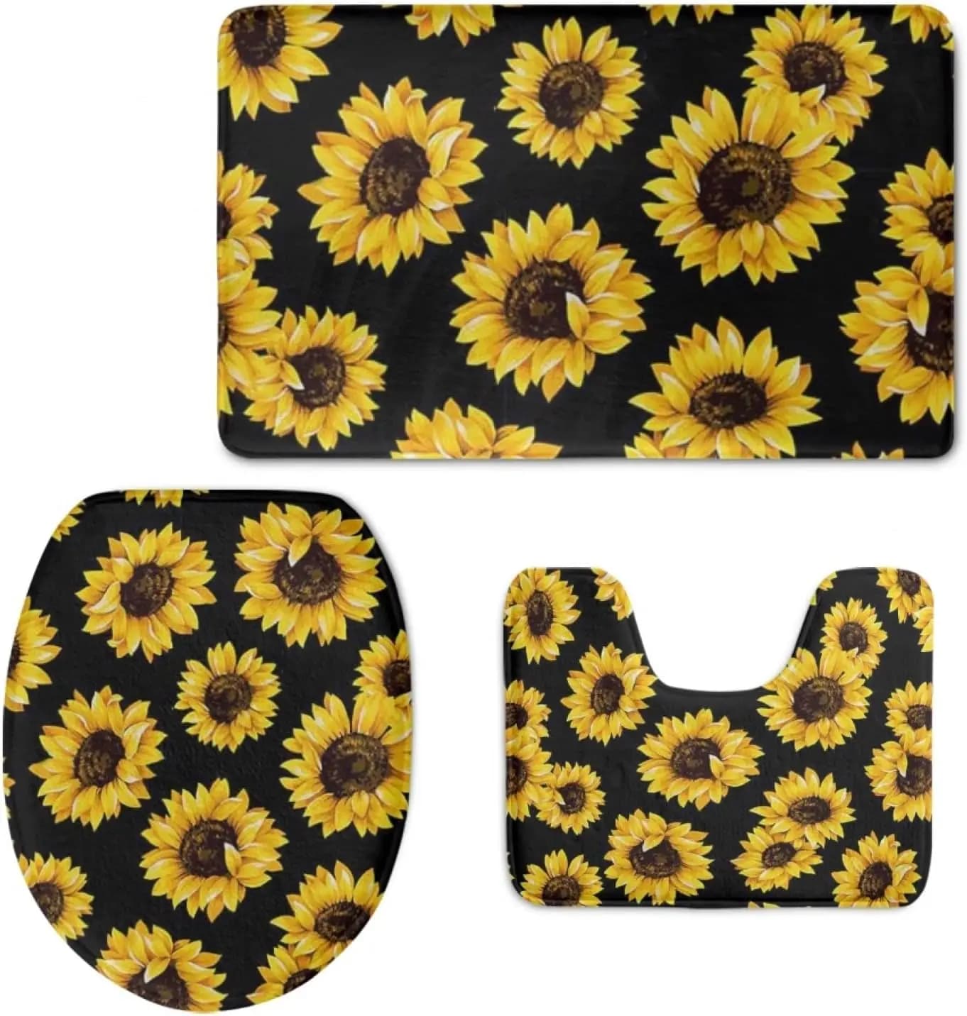 Set tappetino da bagno girasole da 3 pezzi, copriwater antiscivolo stampato + tappeto, set di decorazioni floreali per il bagno lavabili e assorbenti