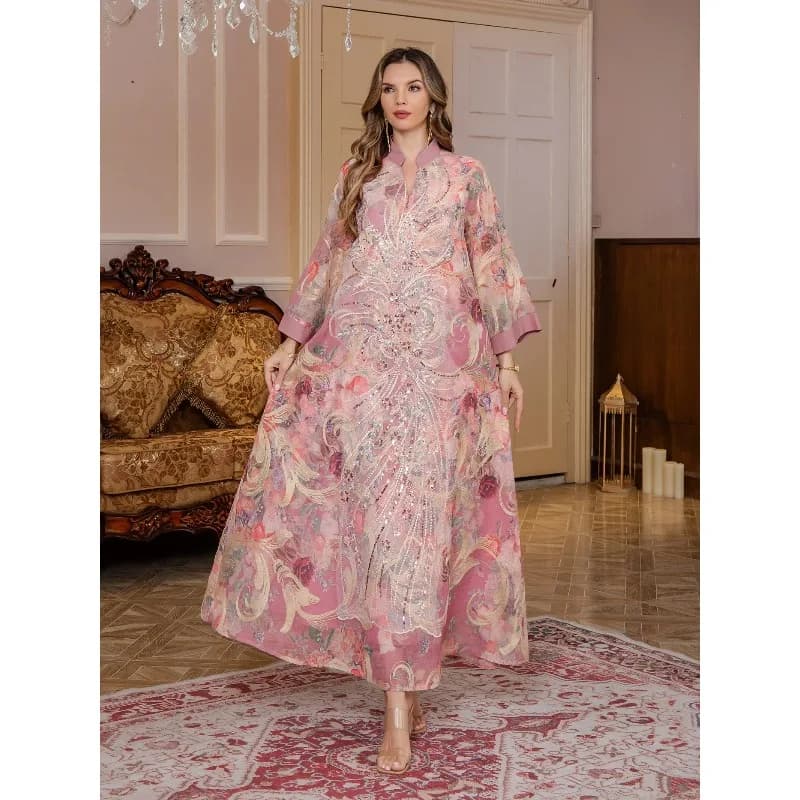 Abaya Muslim Dress for Women, Dubai Dresses, Jalabiya with Paillettes, Printed Modem Dress, Arab Moroccan Abaya, Islamic Caftano for Ramadan 2026