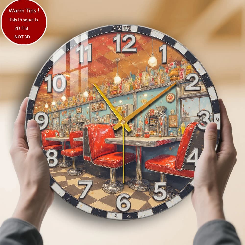 Orologio da parete in vetro temperato Orologio da pranzo per interni con sedili rossi adatto per decorazioni murali o display da tavolo ovunque