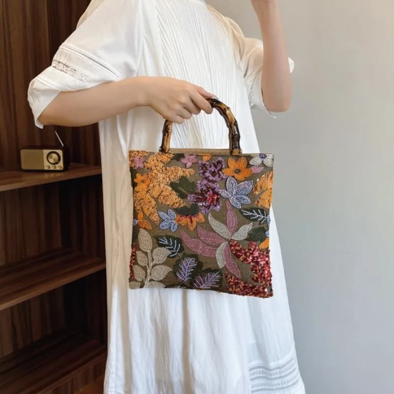 1pcs Stylish Floral Embroidery Bamboo Handle Handbag Large-Capacity Daily Commute Tote Vintage Embroidered Flower Top-Handle Bag