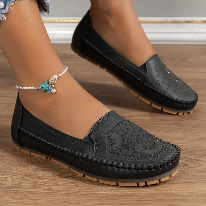 Large Size Women's Moccasins Print Retro Stitched Round Toe Comfortable Low Shoes with Soft Sole Casual Versatile Fashion Light Shoes