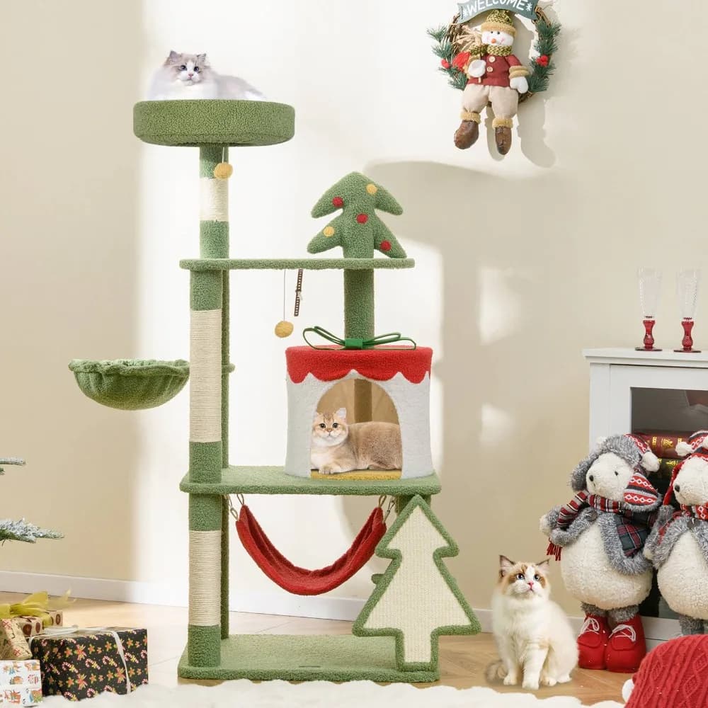 Albero di Natale per gatti alto 52 pollici con graffette in sisal, confezione regalo a forma di Condo