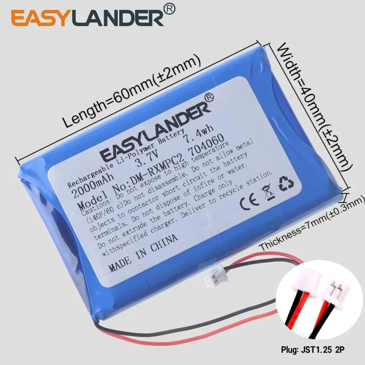 Batteria al litio ricaricabile ai polimeri di litio da 3,7 V 2000 mAh 7,4 Wh 704060 Spina connettore Li-pol JST 2 pin 1,25 mm per baby monitor