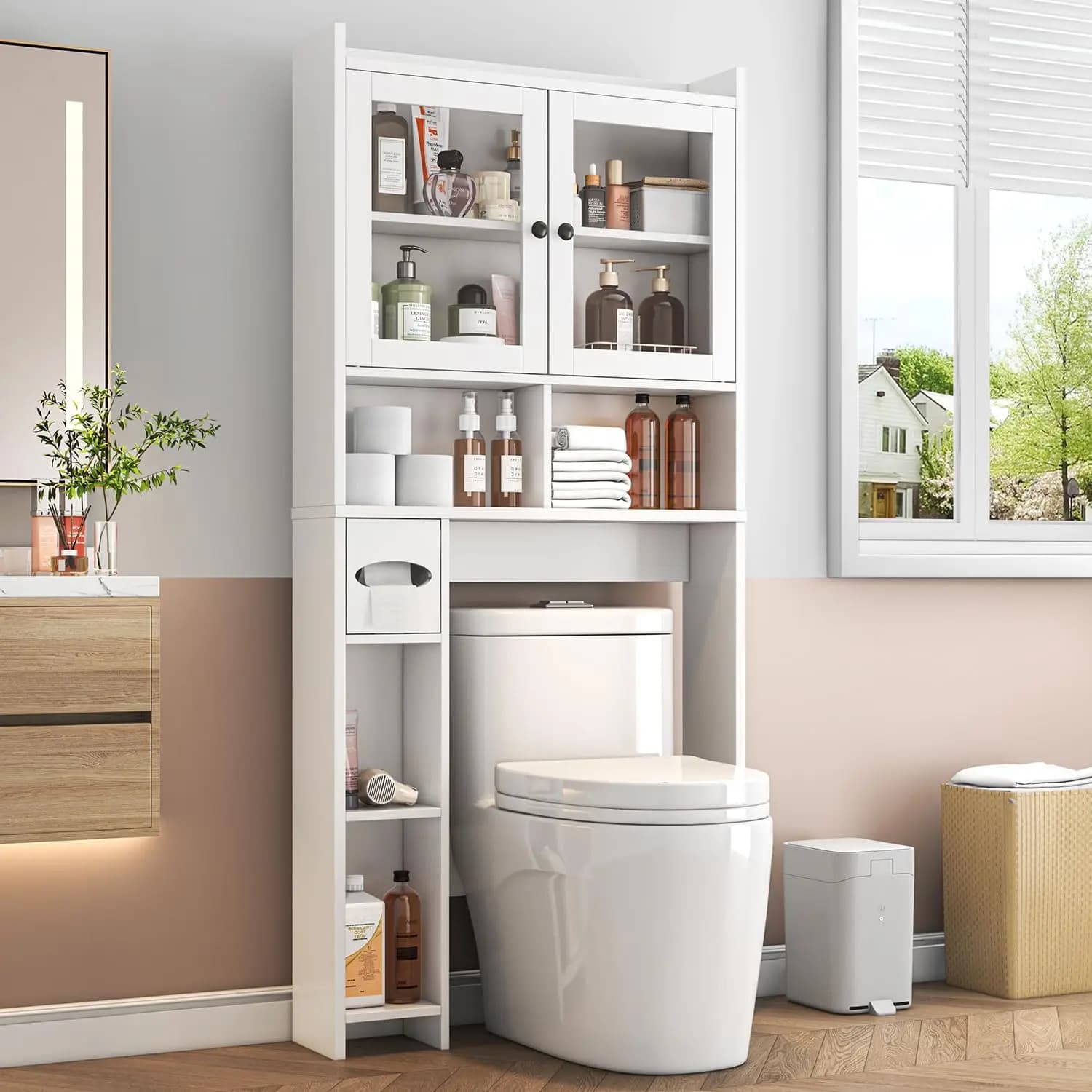 Over The Toilet Storage Cabinet with Clear Doors, Behind Toilet Organizer with Toilet Paper Holder Stand, Restroom, White