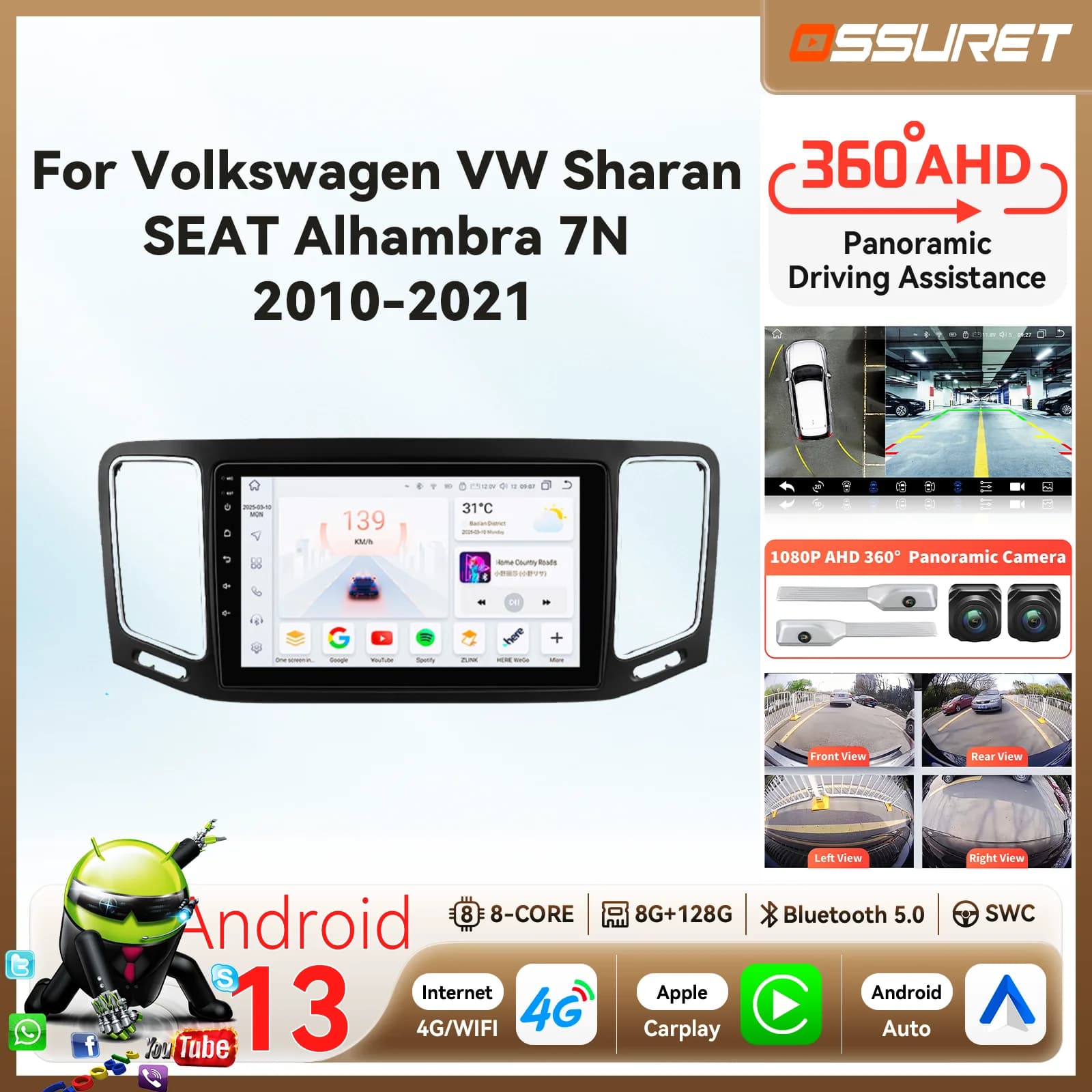 9 "2din Carplay Android 14 Autoradio per Volkswagen VW Sharan 7N SEAT Alhambra 2010-2021 Multimedia 4G 8Core Autoradio 360 Cam BT